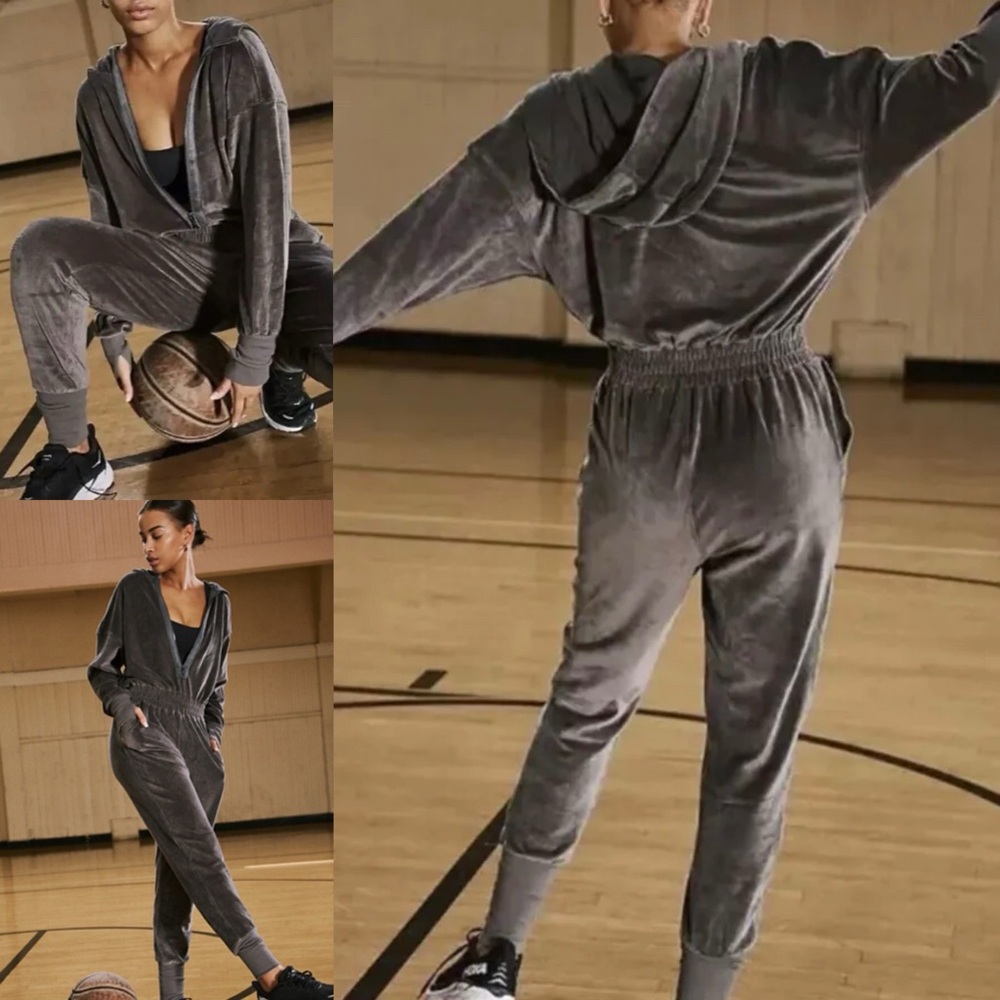 FP Movement by Free People Charcoal Velvet Hooded Jumpsuit